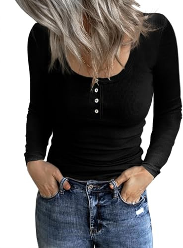 TrendiMax Womens Long Sleeve Scoop Neck Tops Ribbed Knit Button Up Henley Shirt Slim Fit Fleeced T Shirts