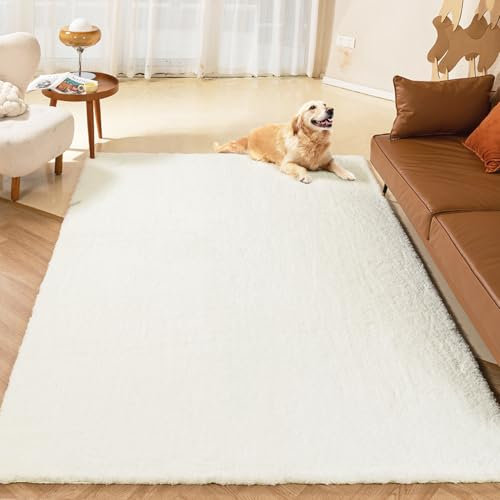 Latepis Teppich 240x300 cm Weiß Weicher Kunstfell Flauschiger Hochflor Teppich Wohnzimmer Schlafzimmer Waschbar Fellteppich Groß