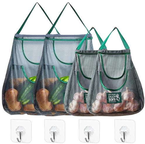 UZSUZZ 4Pcs Hanging Mesh Storage Bags, Grocery mesh Bags Hanging Net String Shopping Bags Reusable Produce Bags Breathable Hanging Mesh Bag Net Tote Bags for Onions, Potatoes, Tomatoes, Fruit(2 Size)