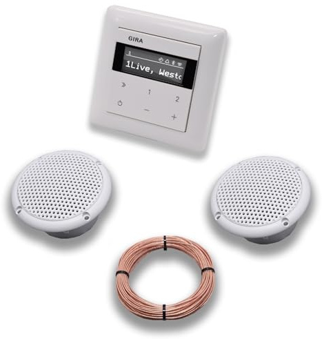 Gira Unterputz IP Internetradio 232003 + Bluetooth Komplett-SET System 55, reinweiß glänzend + 2 x Deckenlautsprecher Einbaulautsprecher (Feuchtraum/Badezimmer) + 20 Meter Lautsprecherkabel 2x0,75 mm