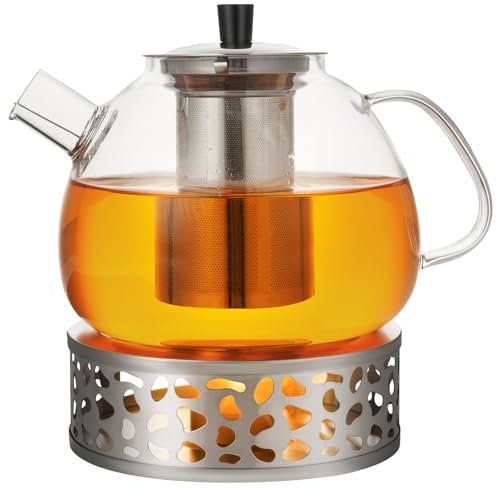 Theiere Avec Infuseur 1,6 litre, Theiere Verre Chauffant Transparent avec Filtre Amovible en Acier Inoxydable, Adapté au thé Parfumé, thé Vert, thé Noir, thé Aux Fruits