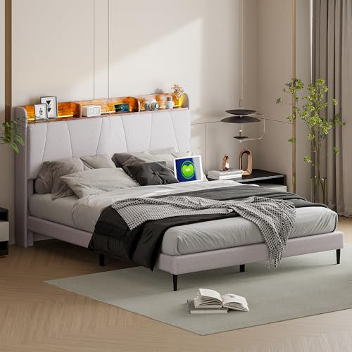 KeepGoon Polsterbett 140x200,LED-Beleuchtung Doppelbett mit Steckdose,Kopfteil mit Ablageflächen,Flaches Bett mit Lattenrost,Familienbett,Leinen,Grau