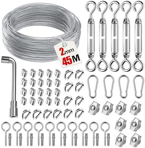 45M 71pcs cable acier pour Plantes Grimpantes, Kit de Câble en Acier Durable avec tendeur cable, serre cable acier et Accessoires, Idéal pour corde à linge, Treillis et Projets DIY Extérieurs