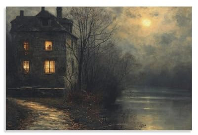 DRDPLXGU Dark Moody Lake House Poster, Vollmond-Poster, rustikale Landschaftskunst, Halloween-Poster, Leinwand-Poster, Schlafzimmerdekoration, Landschaft, Büro, Raumdekoration, Geschenk, 30 x 45 cm