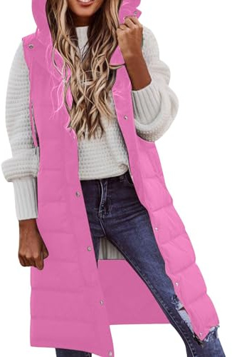 FJKVAVF Women's Long Winter Coat Vest With Hood Sleeveless Warm Down Coat With Pockets Quilted Vest Down Jacket Quilted Outdoor Jacket Hiking Outfit for Women Women'S Fleece Gilet