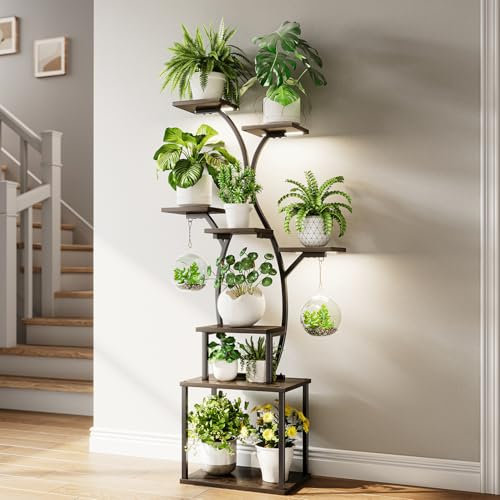 ShineMuse Pflanzenregal mit Wachstumslicht 150cm,Blumenregal Indoor Holz Blumenständer Metall mit LED Wachstumslicht,8-stufiger Pflanzenständer für draußen und Indoor,Wohnzimmer,Balkon,Schlafzimmer