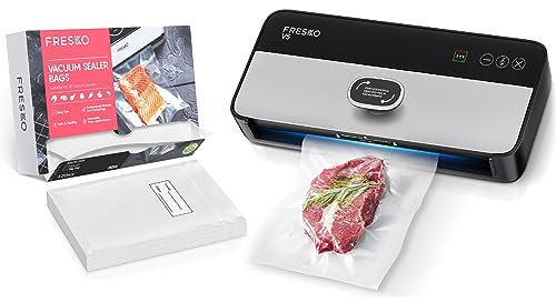 FRESKO Automatische Vakuumiergerät, Vakuumierer mit Doppelte Heißsiegelung, Einhand-Bedienung,mit 10 Vorgeschnittenen Beuteln und Einmachglasdeckel-Set