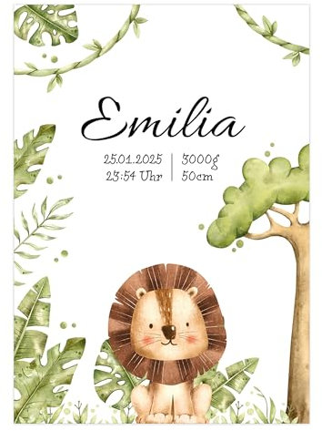 Polymedia Personalisierbares Geburtsposter Löwe A3 – Baby Geschenk zur Geburt für Junge & Mädchen – Kinderzimmer Deko & Wanddeko mit Namen & Geburtsdaten