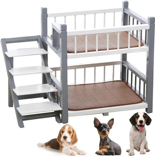 LEYWHEF Hunde-Etagenbett klein for kleine, mittelgroße und große Hunde, abnehmbares Doppellagiges Haustierbett mit Treppe(Gray,S)
