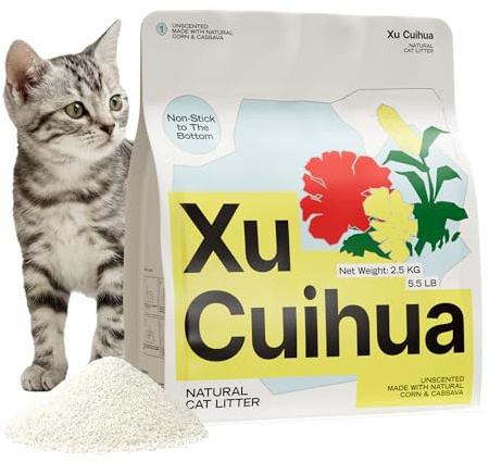 XuCuiHua Cassava Cat Litter Unscented 2.5kg, 100% Natural Corn & Cassava Plant-Based Clumping Litter, Solid Clumps, Easy Scoop, Low Dust, Chemical-Free, Suitable For Sensitive Cats