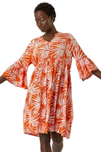 Roman Originals Smock Dress for Women UK Ladies Cotton Summer Embroidered Frilled Tiered Casual Beach Cruise Holiday Cocktail Party 3/4 Sleeve Pull On Gathered Skirt - Orange Patchwork - Size 16