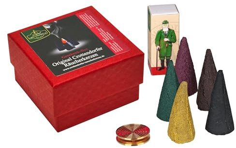 Crottendorfer Geschenkbox Bunte Riesen - Inhalt: 5 Bunte Riesen Räucherkerzen Größe XL, 1 Packung Streichhölzer, 1 Messingschale - Größe: 8,5x5,5x8,5 cm - Made in Germany