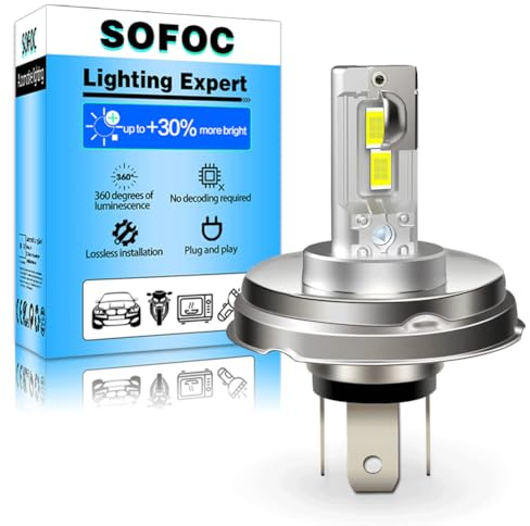 SOFOC P45T Bombilla R2 Led 500% Más Brillante Que Las Halógenas Faros Para Motocicletas/Automóviles Blanco DC 12V-18V 60W 4000 Lm Diseño De Luz Alta Y Baja 1Pcs