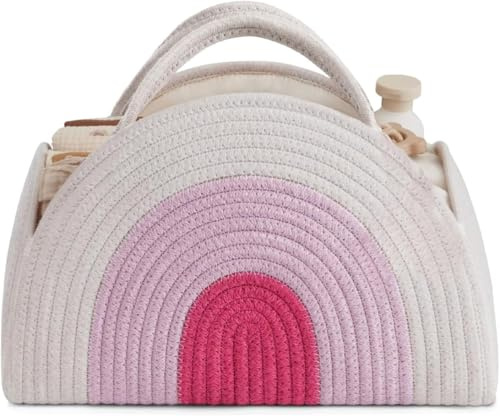 ZHUIYIWIN Panier Rangement Bébé, Organisateur de Pochette de Couches Portable, Rangement Bebe avec Compartiments et Poignées de Corde en Coton Cadeau pour nouveau-né (Rose arc-en-ciel)