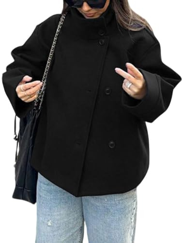 CHARTOU Women Crop Pea Coat Wool Blend Winter Loose Casual Short Jacket Outwear