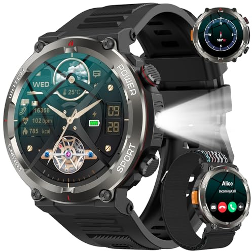 Montre Connectée Homme, Militaire Smartwatch Appels Bluetooth, Torche LED, 1.45'' HD, Batterie 960mAh, Fréquence Cardiaque, Sommeil, SpO2,120+ Modes Sportifs, Étanche IP68, 2 Sangles, Android iOS