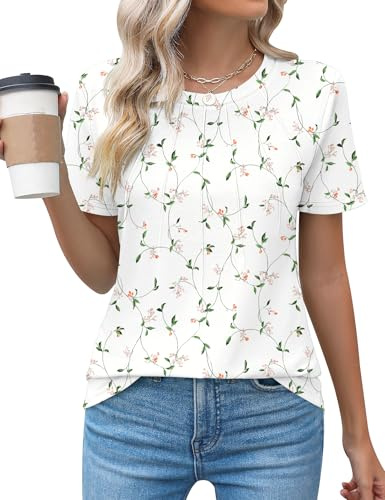 Rapbin Women's Fashion 2026 Summer Tops Dressy Casual Crewneck Short Sleeve Blouses Cute Tunic T-Shirts,Green Leaf,M