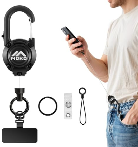 MoKo Laccio per cellulare antifurto retrattile in acciaio, nero