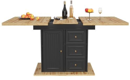 kozamas Esstisch ausziehbar 110-140 cm mit LED-Beleuchtung & Stauraum, Holztisch für 4-6 Personen, Küchentisch mit Schubladen & Tür, Naturholz