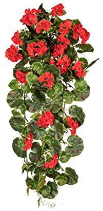 kunstpflanzen-discount.com Künstlicher Geranienhänger 80cm mit 17 roten Blüten UV-Beständig - Künstliche Hängegeranien Pelargonien hängend zum Stecken