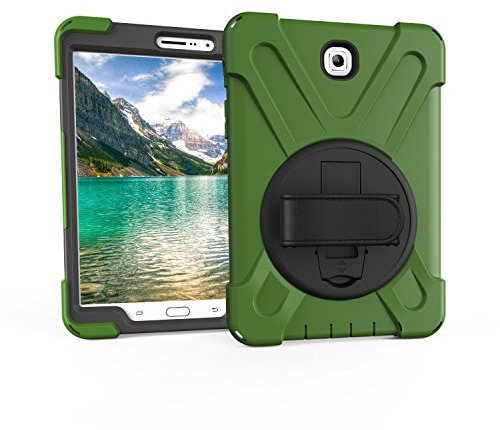 QIHANG - Funda de silicona para Samsung Galaxy Tab S2 de 8 pulgadas (SM-T710 T713/SM-T715 T719) con tres capas de silicona resistente y suave, con función atril y correa de mano (verde militar)