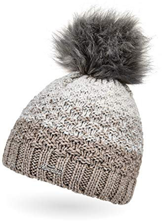 Neverless® Damen Strick-Mütze gefüttert Fleece-Innenfutter Fell-Bommel Kunstfell Winter-Mütze Bommelmütze Grobstrick Mehrfarbig Dunkelbeige-Hellbeige