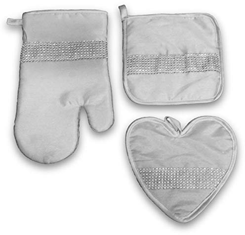 Russo Tessuti Set 3 Pezzi Presine Guantone Vari Colori con Strass Brillantini-Bianco