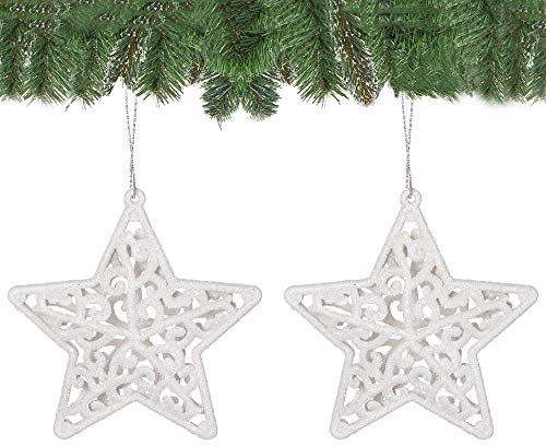 SPRINGOS Weihnachtsbaumschmuck, Sterne, 8 cm, bruchsicher, Christbaumanhänger mit Glitzer (Weiß 2 Stück)