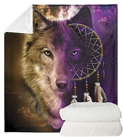 chaqlin Traumfänger Wolf Überwurf Decke Leichte Gemütliche Plüschdecke für Schlafzimmer Wohnzimmer Sofa Couch Tier Wolf Print Überwurf Decke-150x200 cm
