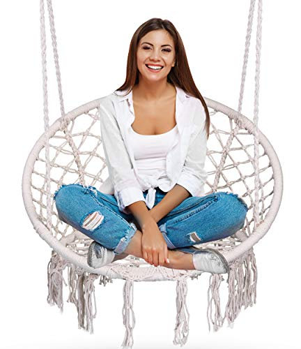 Sofotel Boho Hängesessel Hängestuhl Makramee rund Indoor & Outdoor Hängesitz mit Metallrahmen 150 kg belastbar Hängesessel Garten Balkon Wohnzimmer