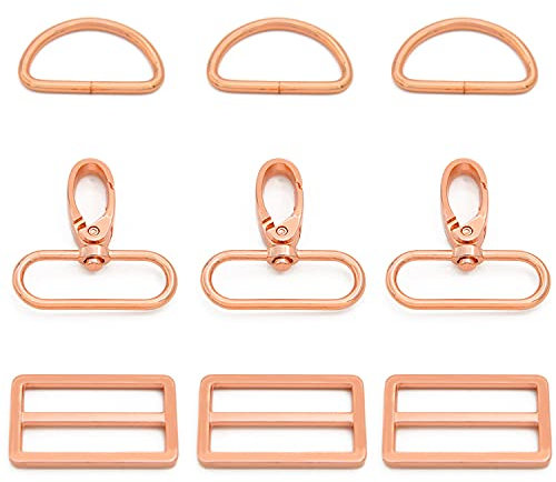 MELORDY 15 drehbare Metall-Karabinerhaken mit D-Ringen und Tri-Glides Schiebeschnallen für Schlüsselbänder, Geldbörse, Taschen, Gurte, Hundehalsbänder, DIY-Nähzubehör, Handwerk (3,8 cm, Rotgold)