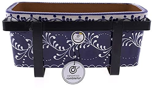 CERÁMICA RAMBLEÑA | Jardinera Rectangular Exterior para Balcón | Cerámica Patio Andaluz | 100% Decorada a Mano | 31x13x13 cm | Soporte Balcón Forja Incluido