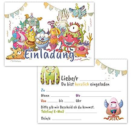 Einladungskarten Monster Kindergeburtstag 12er Set - Geburtstagseinladungen für Mädchen und Jungen bis 10 Jahre – allgemeine Einladung Karte, ideal für die Party zur Einschulung und Geburtstag