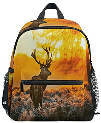 Kinder-Rucksack für Mädchen und Jungen, Waldtiere, Hirsch, Elch, Sonnenuntergang, Kleinkinder, Schultasche mit Brustgurt und Flaschenhalter, Rucksack für Vorschule, Kindergarten, leicht