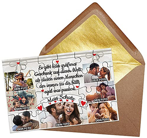 PR Print Royal Foto-Puzzle - Collage Mein Schatz - inkl. Briefumschlag mit Gold-Inlay - Geschenk für Paare, Liebe, Valentinstag - mit SECHS Bildern Bedrucken Lassen - 24 Teile
