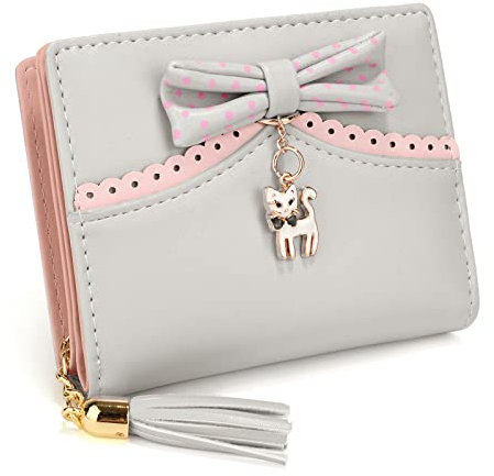 UTO Portefeuille Filles Porte-Cartes Femme Organisateur Porte-Monnaie en Cuir PU Gland Zipper Chat Pendentif Petit Mignon Gris