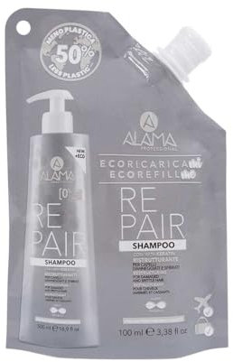 Alama Professional Eco-Refill Repair Shampoo Ristrutturante e Protettivo con Cheratina per Capelli Danneggiati e Sfibrati, Trattamento Tonificante e Ristrutturante, 90% Ingredienti Naturali, 100ml