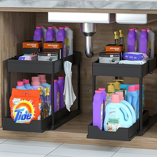 Paquete de 2 organizadores debajo del fregadero con cesta deslizante para gabinete, 2 niveles multiusos para debajo del fregadero y almacenamiento para baño, cocina, incluye 4 ganchos adicionales
