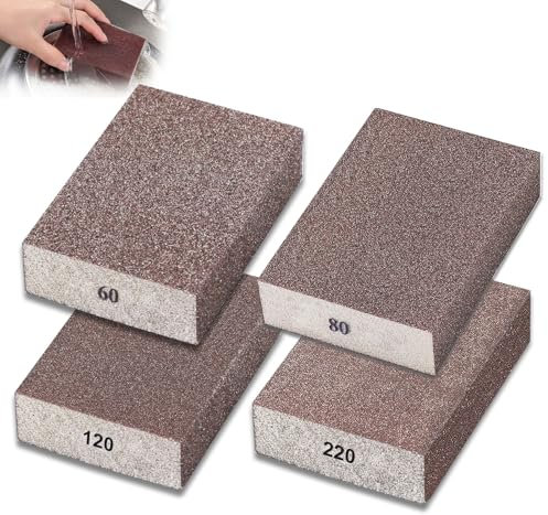 Sunxeke Juego de 4 esponjas de lijado gruesas y finas, grano 60/80/120/220 para ollas, cepillo de sartén, cepillo de metal, lijado de madera, vasos de lijado, lavable y reutilizable
