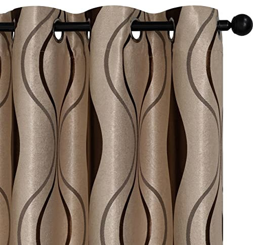 GIRASOLE HOME® Paire de rideaux Jacquard semi-occultants Motif ondulé Rideau doux thermique isolant pour salon, chambre et intérieur, 2 panneaux avec œillets (beige-marron, 140 x 275 cm)