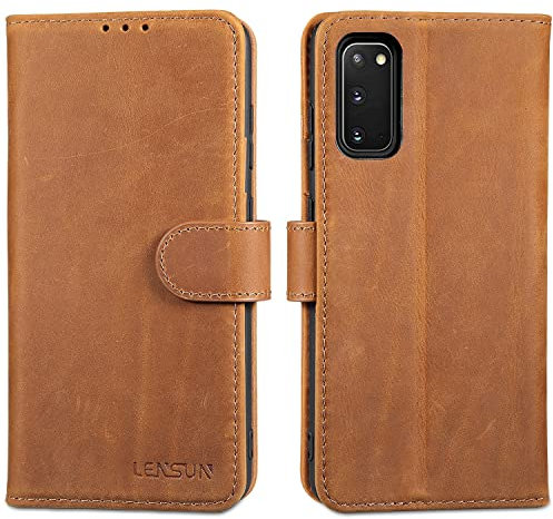 LENSUN Echtleder Hülle für Samsung Galaxy S20, Handyhülle [Echtes Leder] [Magnetverschluss] [Kartenfach] Handytasche Lederhülle für Samsung S20 5G - Vintage Braun