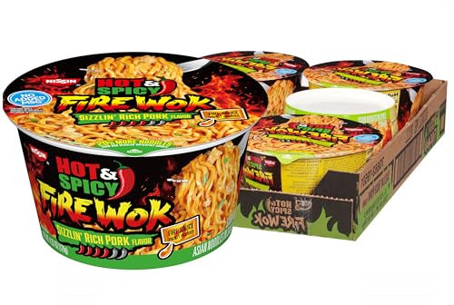 Nissin Hot & Spicy Fire Wok, Sizzlin' Rich Pork, 4.37 Ounce (Pack of 6)