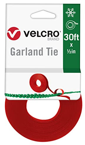 VELCRO Brand Holiday Garland Ties or Cable Straps | Hang Garlands, Lights or Wreath | for Banister, Railings, Stairs or Lamp Posts | 30ft Roll Cut to Custom Length | Red