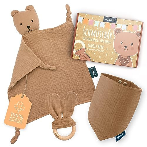 Amari ® Schmusetuch (Braun Bär) mit Beißring und Lätzchen, Geburt für Junge und Mädchen - Baby Geschenk Neugeborene - Schnuffeltuch Babygeschenke Set zur Babyparty