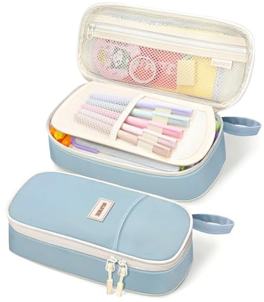 SUNEE Federmäppchen mit großer Kapazität, Ästhetische Mäppchen mit Fächern und Griff, Tragbare Federtasche und Federmappe für Schule, Büro, Mädchen, Jungen, Teenager & Erwachsene, Blau