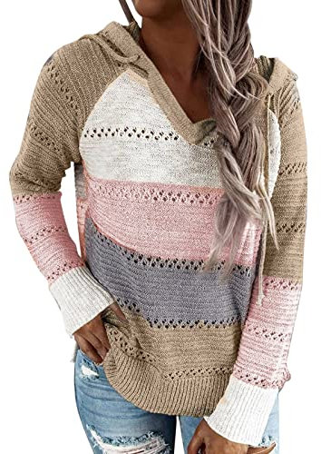 Skang Damen Pullover Herbst Damen-Herbst- und Winter-Strick-Langarm-Pullover mit Farbstreifen Hoodie Dunkelgrün (C, M)