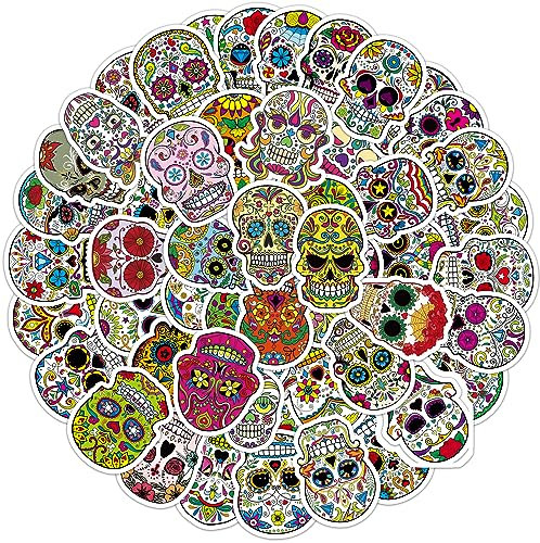 Qpout 100pcs Halloween Sugar Skull Aufkleber, Dia de Los Muertos Mexikanischer Tag der Toten Aufkleber Laptop Sugar Skull wasserdichte Aufkleber für Wasserflasche Gepäck Fahrradcomputer Skateboard