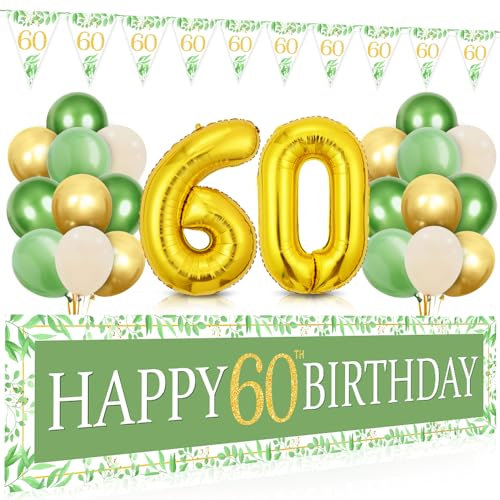 60 Geburtstag Deko Grün Gold, Lange Happy 60th Birthday Banner 210×40cm, Luftballon 60. Geburtstag und Dreieckiges Flaggen, Grün Gold Geburtstagsdeko für 60 Frauen Mann