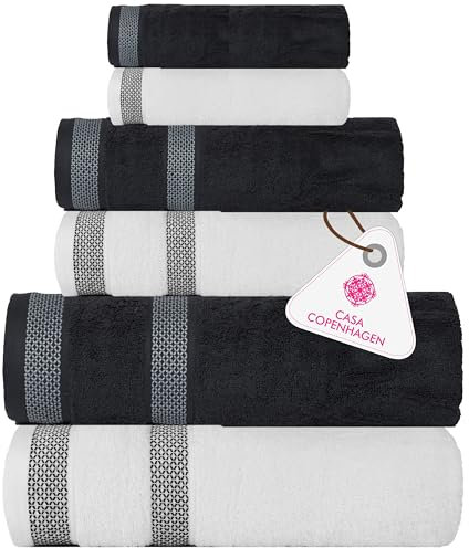 Casa Copenhagen Solitaire Mix Ensemble Serviettes 6 pièces - Blanc + Gris Pin 600 g/m² 2 Serviettes Bain, 2 essuie-Mains, 2 Gants Toilette en Coton égyptien Doux pour Salle Bain, Cuisine et Douche