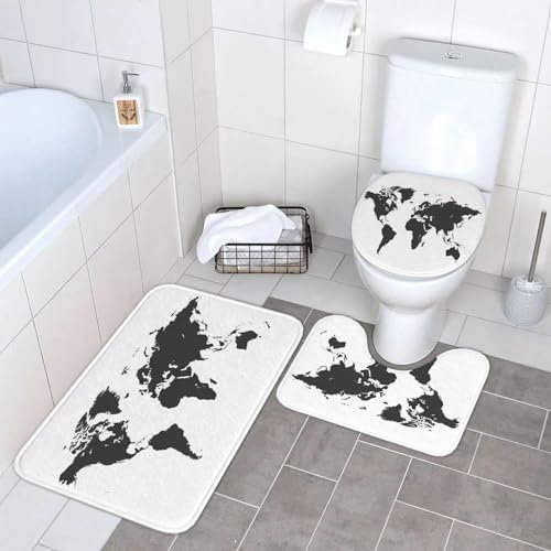 SOYDAN Dreiteiliges,Badezimmer Badematte Anti-Rutsch Badematte Set Waschbar Geruchlos Badematte Set, Weltkarte in Punkten